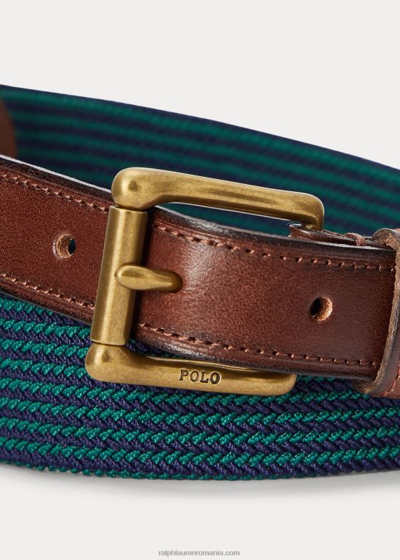 marina rafinată/pădure nouă bărbați Ralph Lauren centură țesătură elastică cu finisaje din piele 046889084