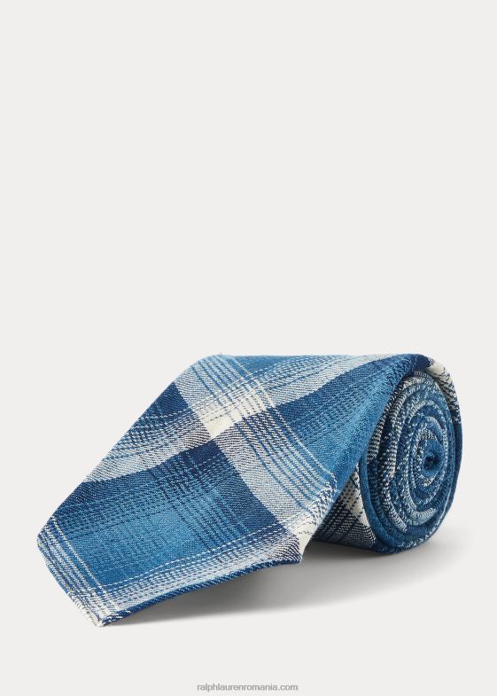 indigo/cremă bărbați Ralph Lauren cravată din sarg de jaspe în carouri lucrată manual 046888836