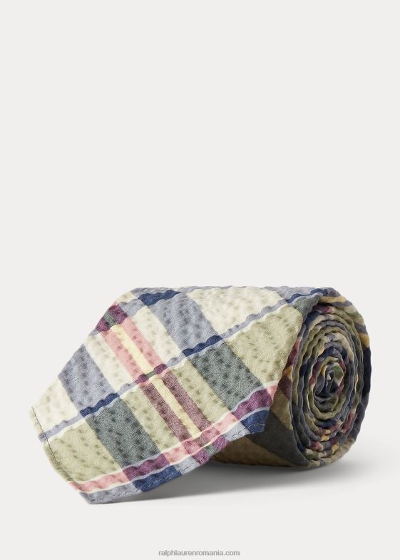 verde/crem/multi bărbați Ralph Lauren cravată seersucker realizată manual cu imprimeu Madras 046888824