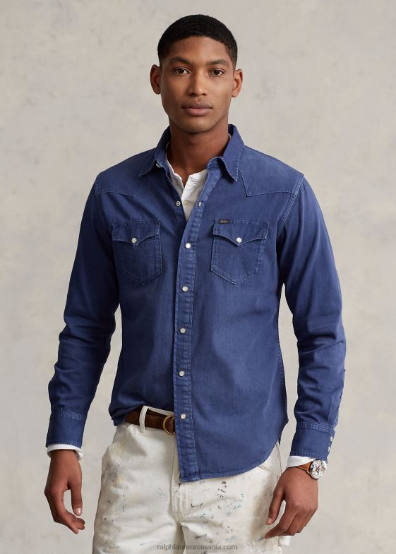 bleumarin deschis bărbați Ralph Lauren cămașă vestică din denim vopsită în haine 046881119