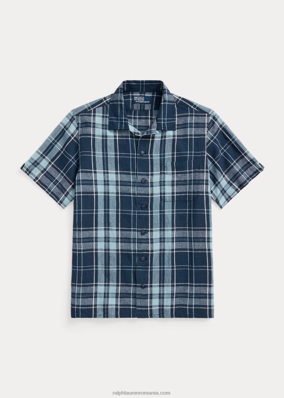 indigo kaki bărbați Ralph Lauren cămașă de tabără din poplin în carouri, cu potrivire clasică 04688767