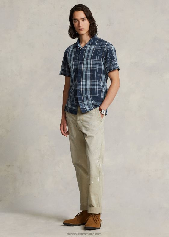 indigo kaki bărbați Ralph Lauren cămașă de tabără din poplin în carouri, cu potrivire clasică 04688767