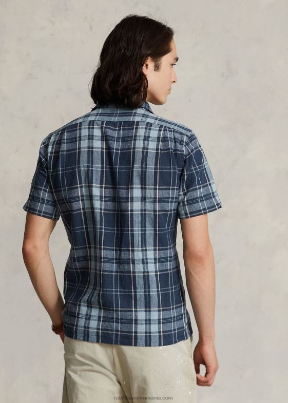 indigo kaki bărbați Ralph Lauren cămașă de tabără din poplin în carouri, cu potrivire clasică 04688767