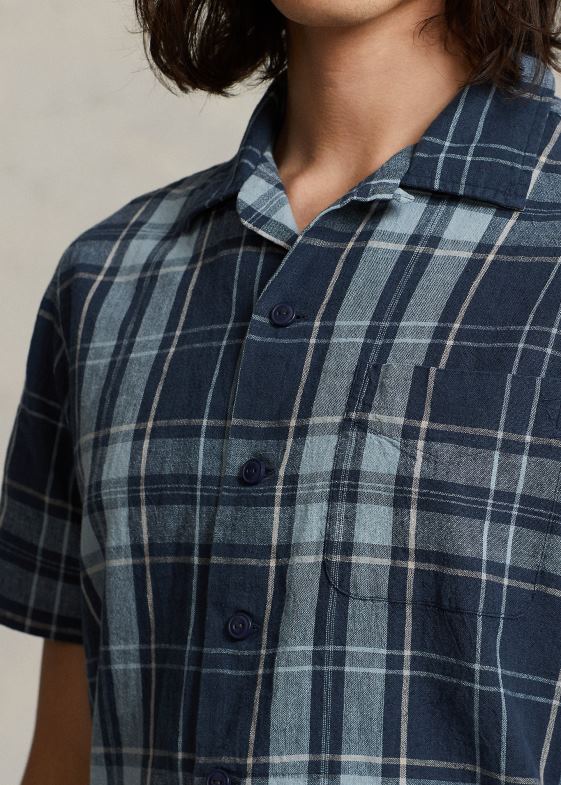 indigo kaki bărbați Ralph Lauren cămașă de tabără din poplin în carouri, cu potrivire clasică 04688767