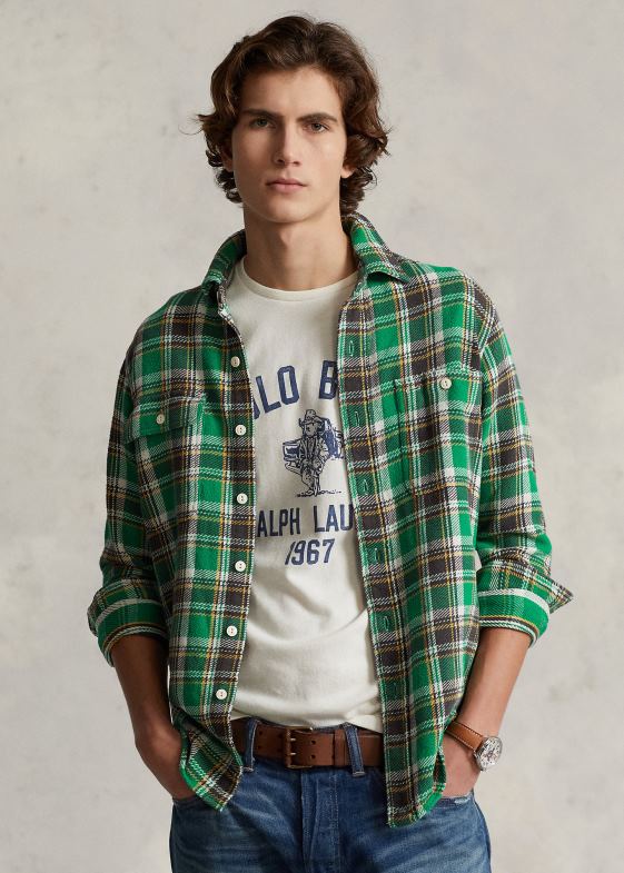 multi verde bărbați Ralph Lauren cămașă de lucru din flanel în carouri cu potrivire clasică 046888531