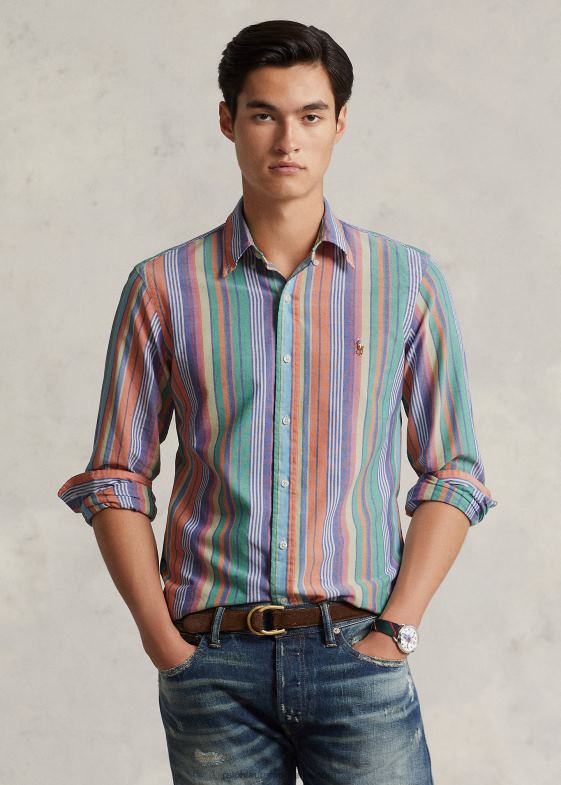 portocaliu/verde multi bărbați Ralph Lauren cămașă oxford cu dungi clasice 046888419