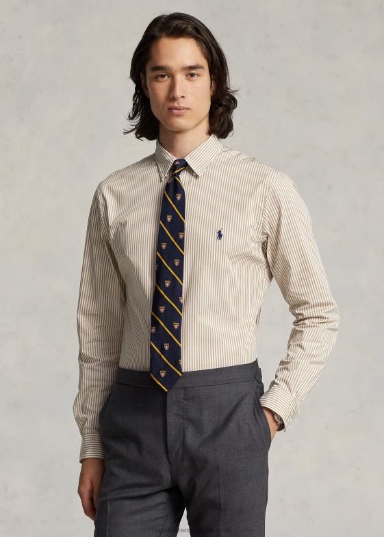 vintage kaki/alb bărbați Ralph Lauren cămașă slim din popelin elastic în dungi 04688893