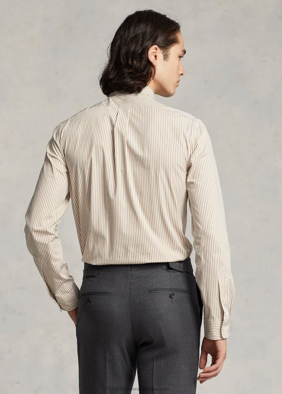 vintage kaki/alb bărbați Ralph Lauren cămașă slim din popelin elastic în dungi 04688893