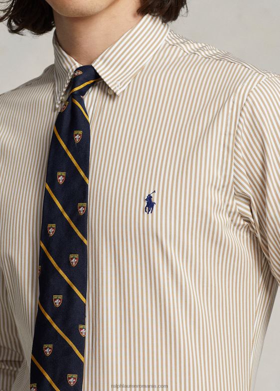 vintage kaki/alb bărbați Ralph Lauren cămașă slim din popelin elastic în dungi 04688893