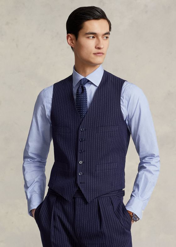 bleumarin/crem bărbați Ralph Lauren costum 3 piese polo pinstripe dobby 046881226
