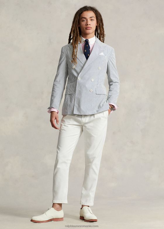 crem antic/albastru bărbați Ralph Lauren jachetă polo moale din seersucker 046881071