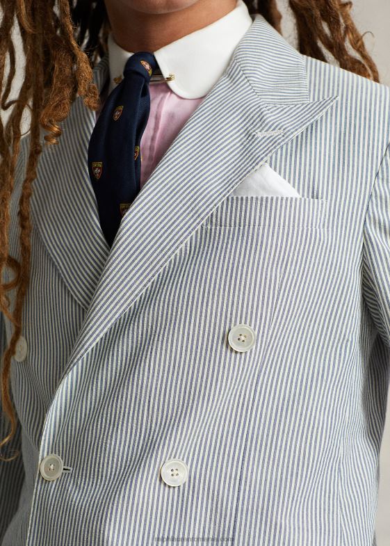 crem antic/albastru bărbați Ralph Lauren jachetă polo moale din seersucker 046881071