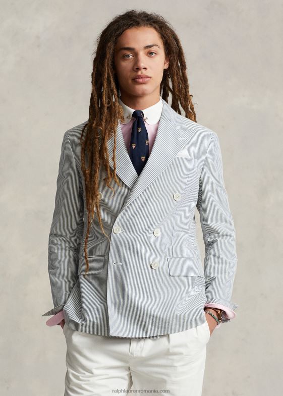 crem antic/albastru bărbați Ralph Lauren jachetă polo moale din seersucker 046881071