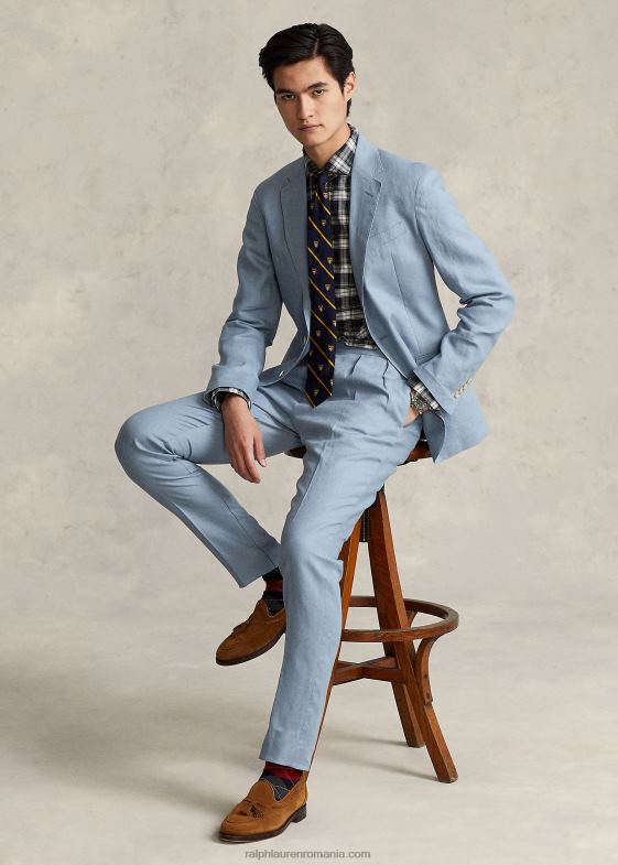 albastru chambray bărbați Ralph Lauren pantalon de in pliat 046881168