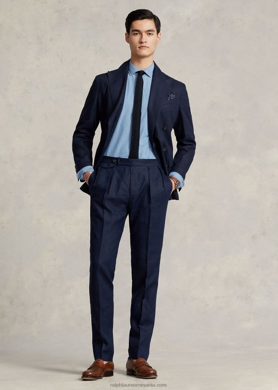 bleumarin inchis bărbați Ralph Lauren pantalon de in pliat 04688730