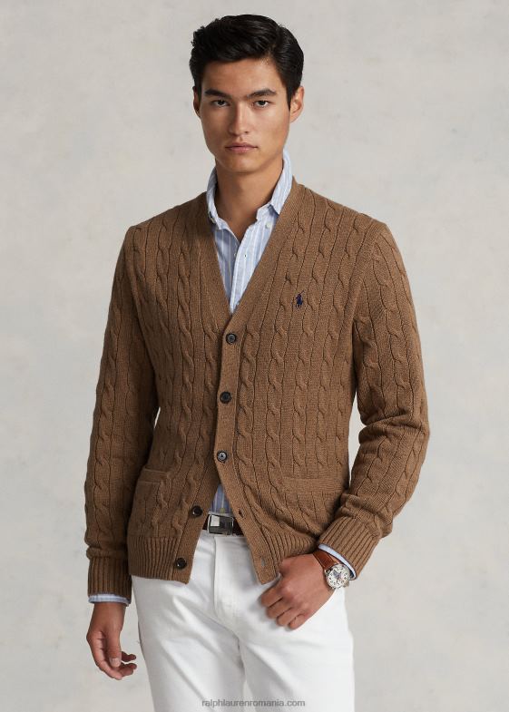 Shetland brown heather bărbați Ralph Lauren cardigan din bumbac tricot cablu 046888450