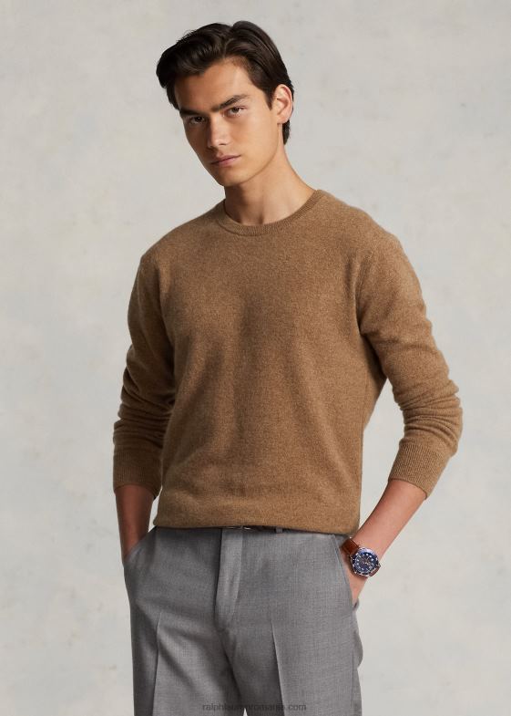 Shetland brown heather bărbați Ralph Lauren pulover lavabil din cașmir cu decolteu rotund 04688600