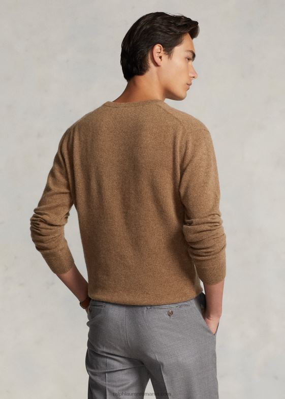 Shetland brown heather bărbați Ralph Lauren pulover lavabil din cașmir cu decolteu rotund 04688600