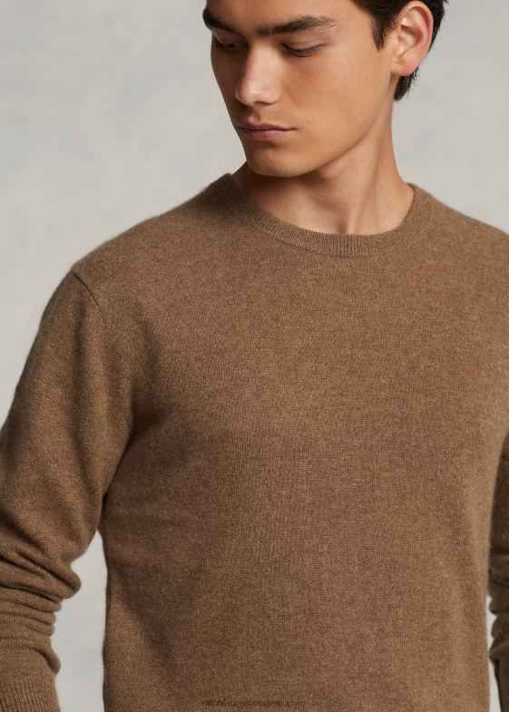 Shetland brown heather bărbați Ralph Lauren pulover lavabil din cașmir cu decolteu rotund 04688600
