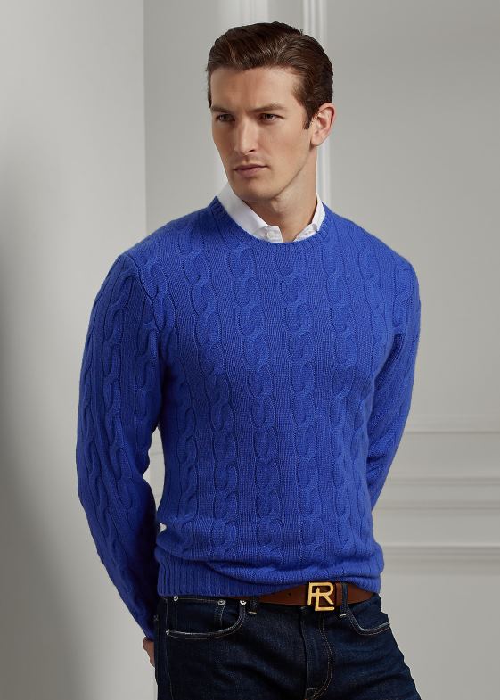 albastru copen clasic bărbați Ralph Lauren pulover din cașmir din tricot cablu 0468876