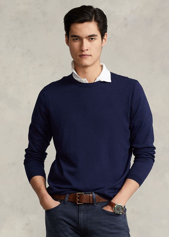 bleumarin strălucitor bărbați Ralph Lauren pulover din bumbac cu gât 046881066