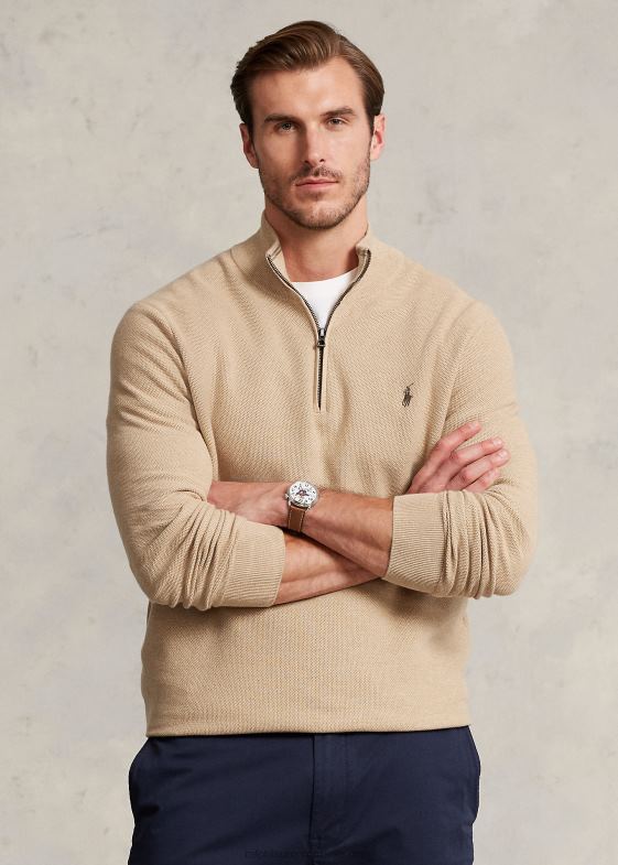 melange de cămilă bărbați Ralph Lauren Pulover cu fermoar sfert din bumbac din tricot plasă 046881916