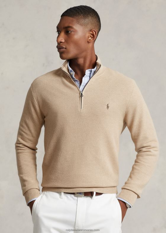 melange de cămilă bărbați Ralph Lauren Pulover cu fermoar sfert din bumbac din tricot plasă 04688512