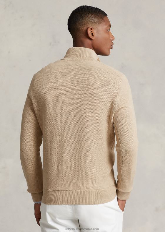 melange de cămilă bărbați Ralph Lauren Pulover cu fermoar sfert din bumbac din tricot plasă 04688512