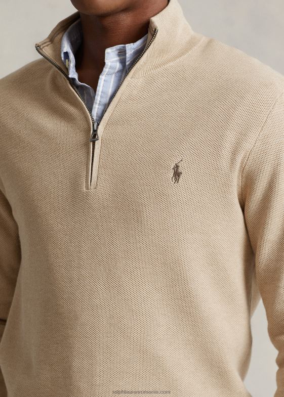 melange de cămilă bărbați Ralph Lauren Pulover cu fermoar sfert din bumbac din tricot plasă 04688512