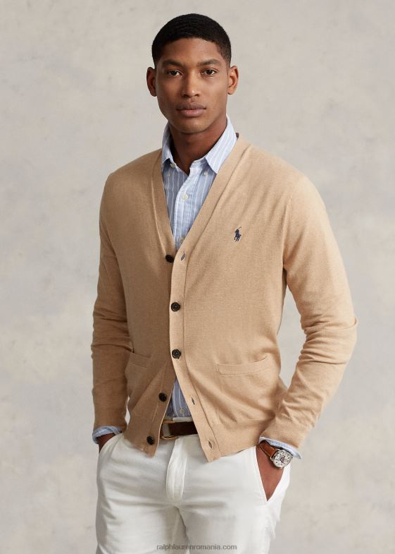 melange de cămilă bărbați Ralph Lauren cardigan din bumbac cu decolteu în V 04688396