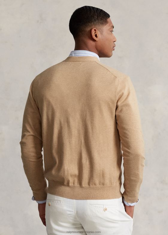 melange de cămilă bărbați Ralph Lauren cardigan din bumbac cu decolteu în V 04688396