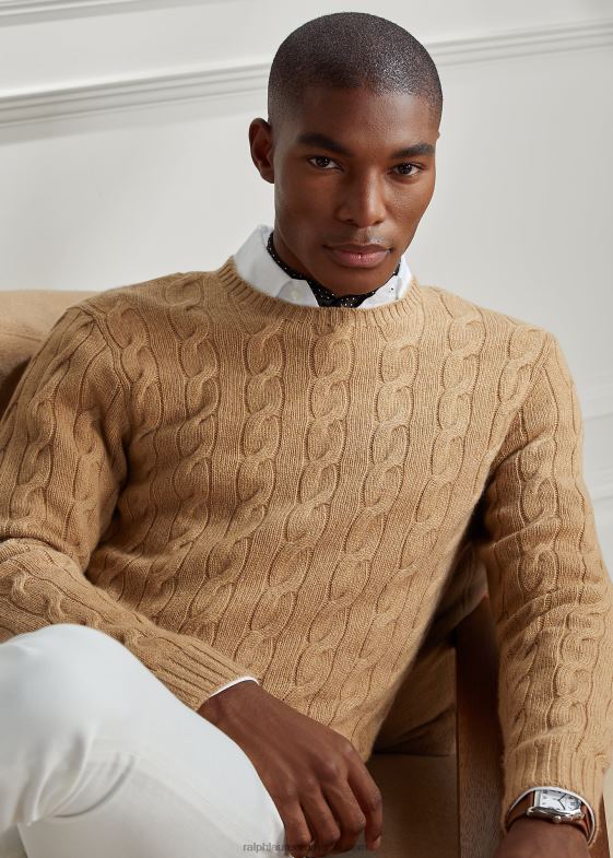 melange de cămilă bărbați Ralph Lauren pulover din cașmir din tricot cablu 0468870