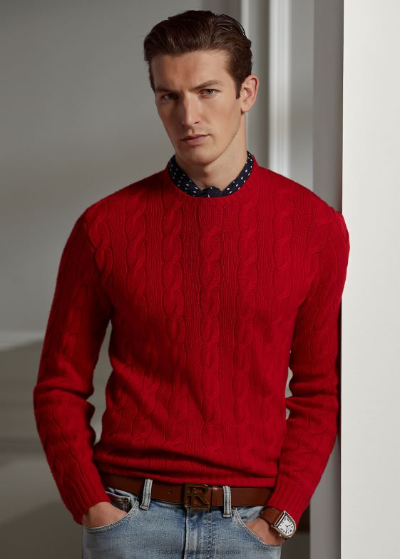 roșu clasic bărbați Ralph Lauren pulover din cașmir din tricot cablu 0468869