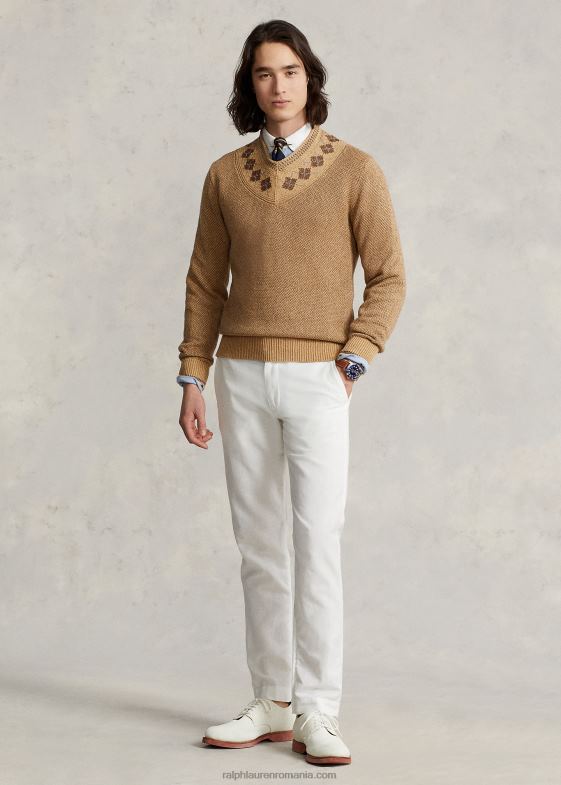 tan multi bărbați Ralph Lauren pulover de cricket din in-mătase cu garnitură argyle 046888441