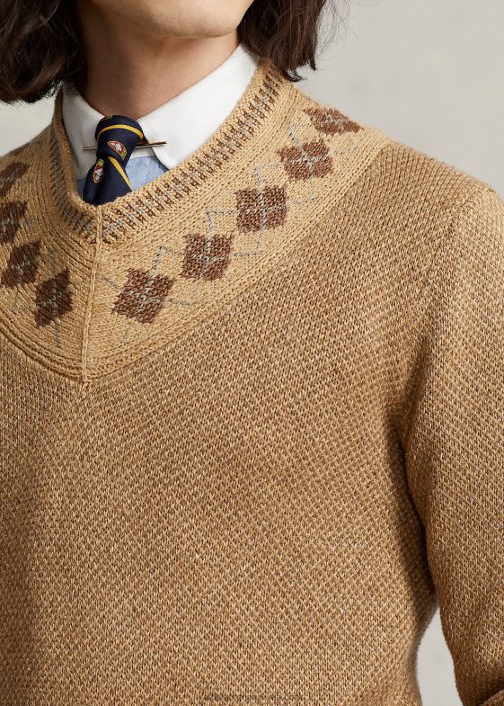 tan multi bărbați Ralph Lauren pulover de cricket din in-mătase cu garnitură argyle 046888441