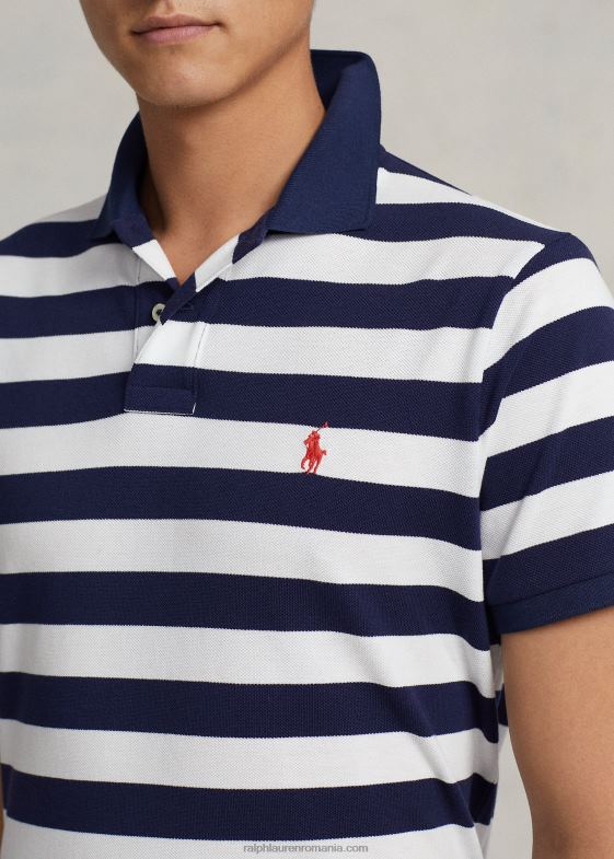 Newport bleumarin/alb bărbați Ralph Lauren tricou polo cu ochiuri în dungi, cu potrivire clasică 046888429