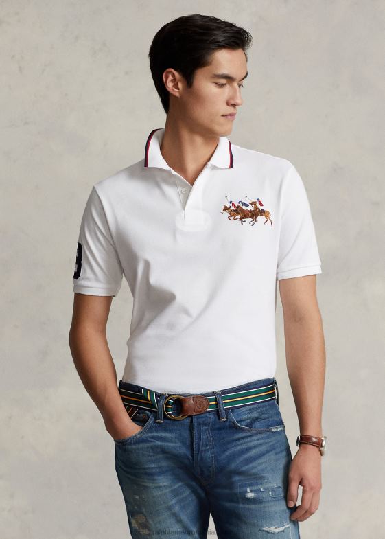 alb bărbați Ralph Lauren Tricou polo cu ochiuri triple-ponei cu potrivire clasica 04688660