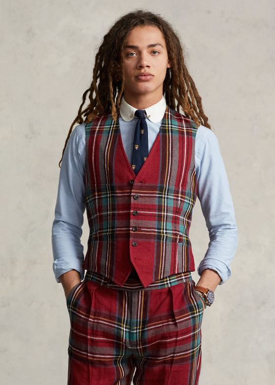 multi rosu/verde bărbați Ralph Lauren vestă din in carouri 046881241