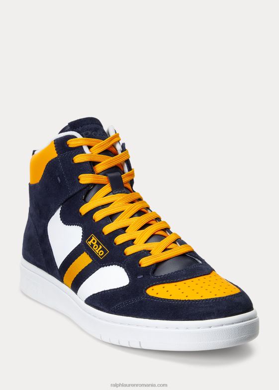 bleumarin/alb/galben bărbați Ralph Lauren adidași înalți din piele și piele de căprioară curte 046881987