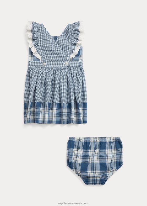 deckwash alb/albastru bebelus Ralph Lauren rochie și bloomer din bumbac în carouri Madras 0468810030