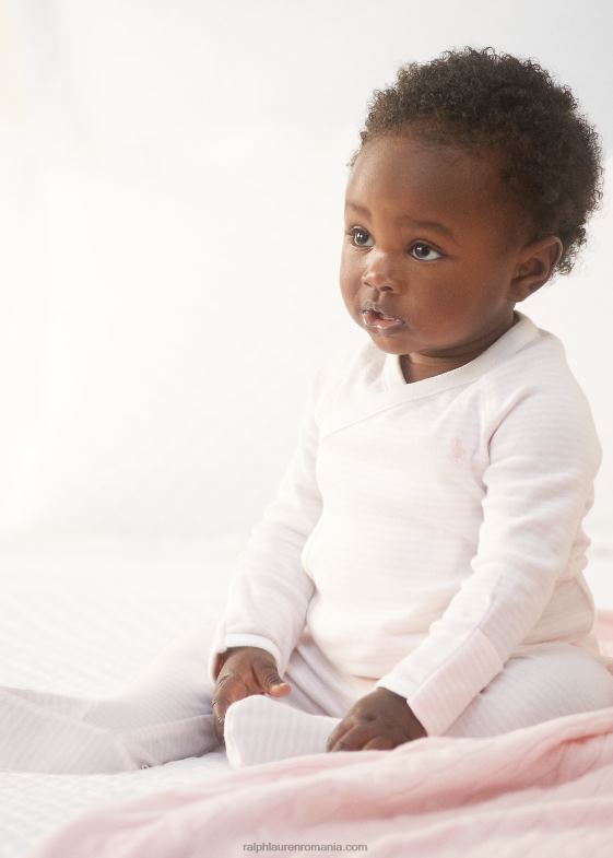 roz/alb delicat bebelus Ralph Lauren set de top și pantaloni din bumbac organic în dungi 046887792