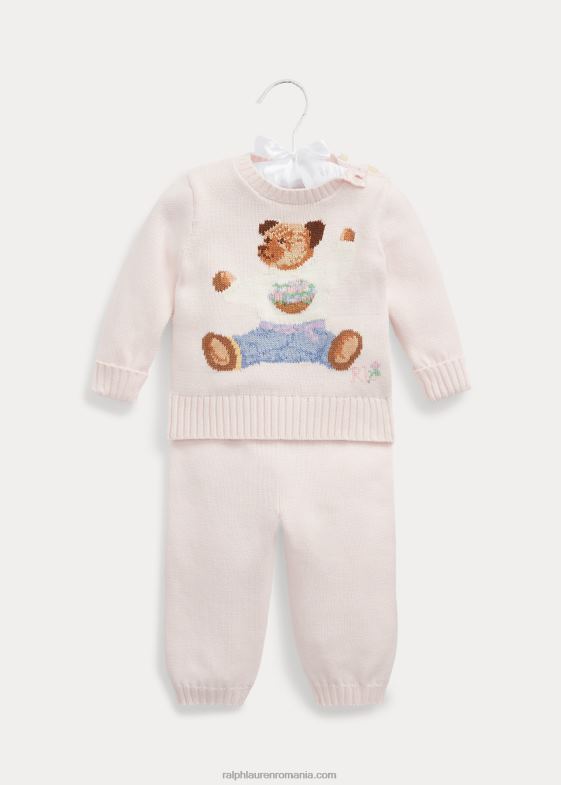 roz delicat bebelus Ralph Lauren set de pulover și pantaloni din bumbac ursuleț 046887801
