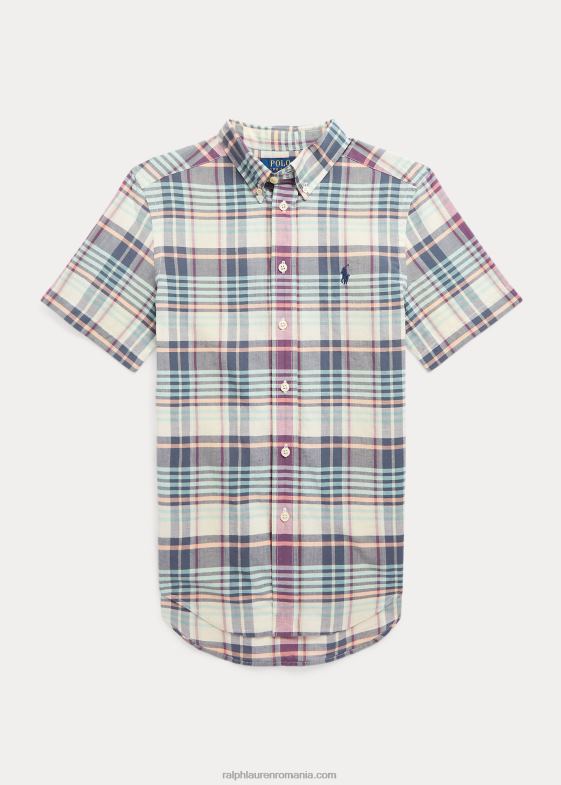crem/bleumarin multi copii Ralph Lauren cămașă cu mânecă scurtă din bumbac indigo Madras 046886108