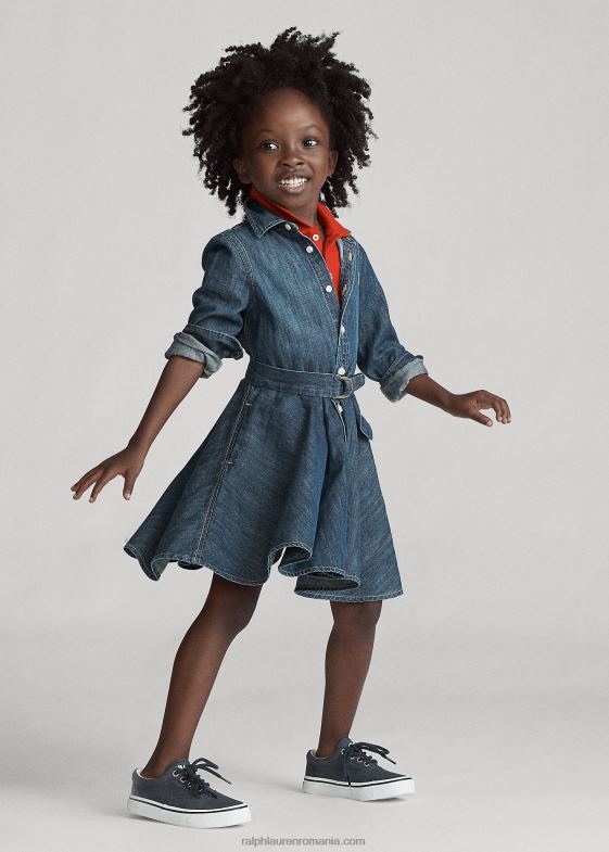 indigo copii Ralph Lauren rochie cămașă din denim de bumbac cu centură 046886783