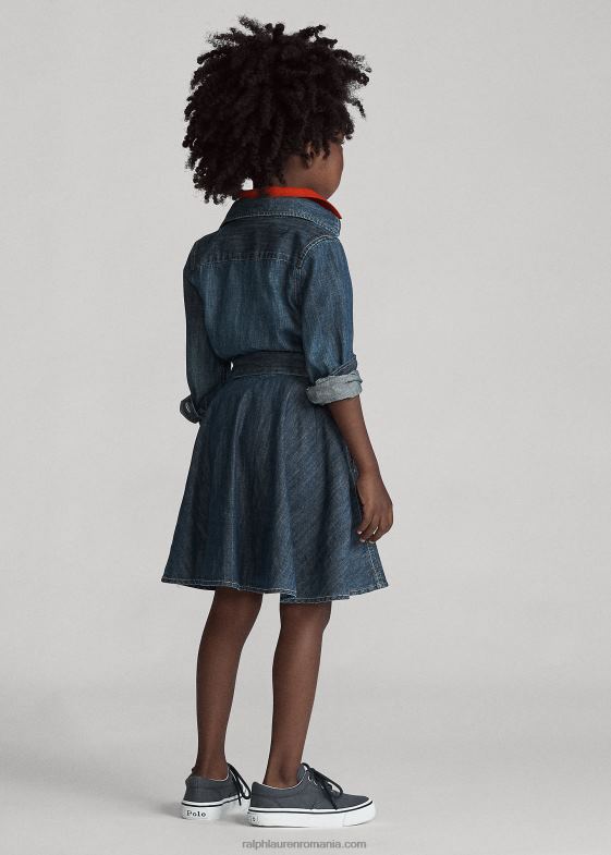 indigo copii Ralph Lauren rochie cămașă din denim de bumbac cu centură 046886783