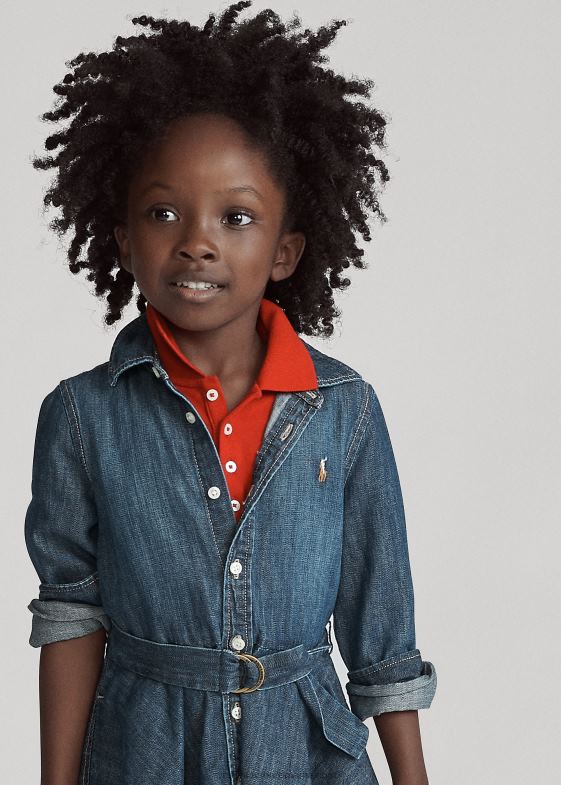 indigo copii Ralph Lauren rochie cămașă din denim de bumbac cu centură 046886783