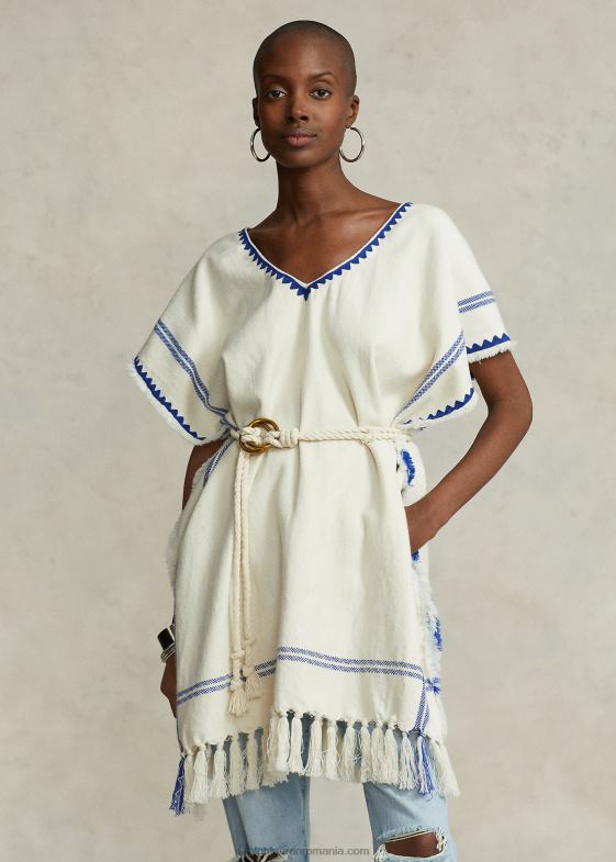 crem/albastru femei Ralph Lauren poncho cu tabard din bumbac țesut cu ciucuri 046885470