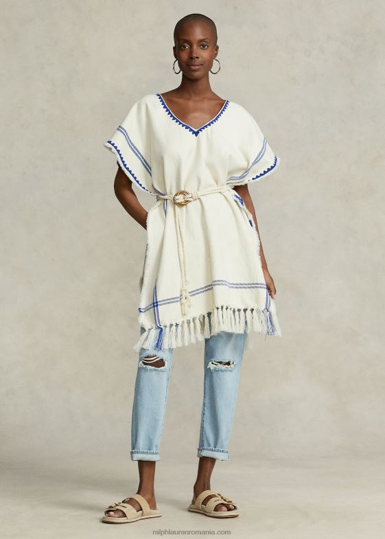 crem/albastru femei Ralph Lauren poncho cu tabard din bumbac țesut cu ciucuri 046885470