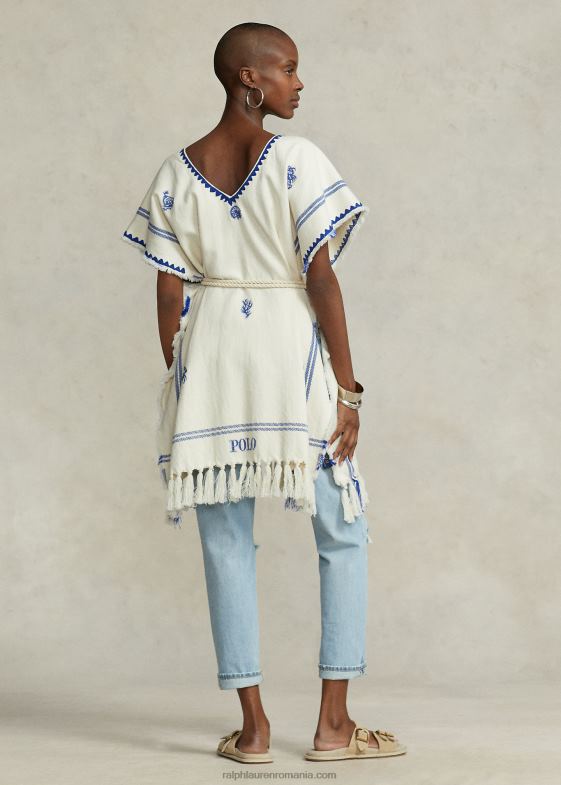 crem/albastru femei Ralph Lauren poncho cu tabard din bumbac țesut cu ciucuri 046885470