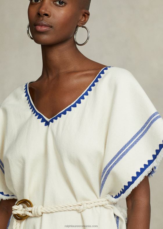 crem/albastru femei Ralph Lauren poncho cu tabard din bumbac țesut cu ciucuri 046885470